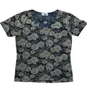 Vintage‎ Frazier Lawrence Sheer Floral Rose Print T-Shirt Top Womens Size M